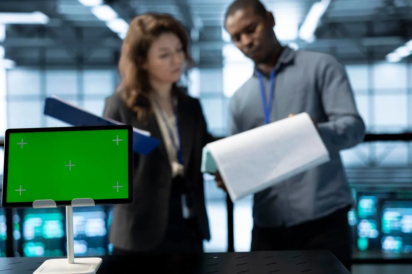 Макет планшета перед инспектором, рядом администратор серверной проверяет документы.